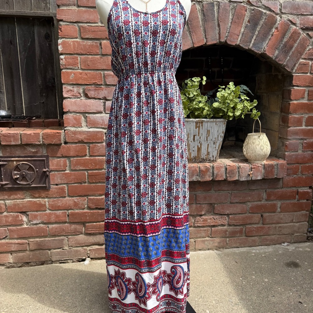 Blue Rain Red/Blue Paisley Floral Maxi Dress Sleeveless Braided Racerback Medium